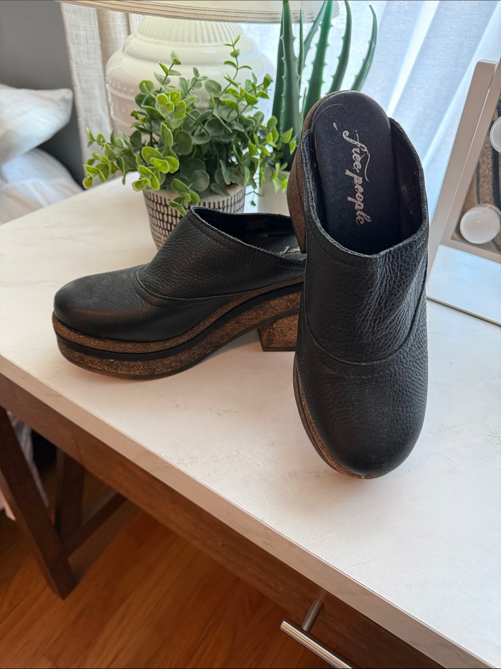 Free People Black Leather Platform Clogs with Cork-Look Heel